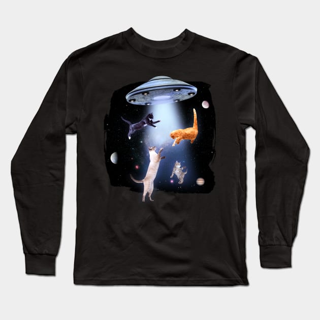 Cats In Space With UFO Long Sleeve T-Shirt by Visual Vibes